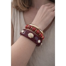 Hector Co Jewellery Bordo Kehribar Görünümlü Deniz Kabuğu Figürlü Gold Detaylı Üçlü Kadın Bileklik Seti