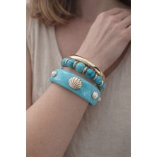 Lines Bijuteri Turkuaz Kehribar Görünümlü Deniz Kabuğu Figürlü Gold Detaylı Üçlü Kadın Bileklik Seti