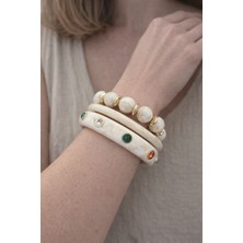 Hector Co Jewellery Krem Kehribar Görünümlü Renkli Taş Detaylı Gold Aksanlı Üçlü Kadın Bileklik Seti