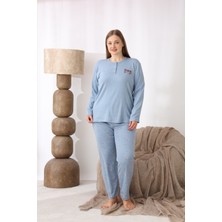 Eyfuze kadın Büyük Beden Desenli Yakası Düğmeli Uzun Kollu Kışlık Pijama Takımı