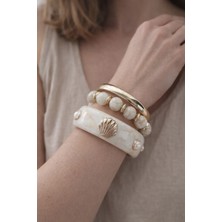 Hector Co Jewellery Inci Detaylı Deniz Kabuğu Figürlü Gold Aksanlı Üçlü Kadın Bileklik Seti