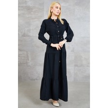 Nils Butik Güpür Detaylı Beli Bağlamalı Siyah Elbise