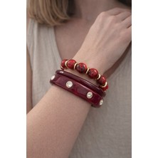 Poseidons Jewellery Kırmızı Bordo Kehribar Görünümlü Taş Detaylı Üçlü Kadın Bileklik Seti