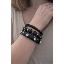 Poseidons Jewellery Siyah Kehribar Görünümlü Taş Detaylı Gold Aksanlı Üçlü Kadın Bileklik Seti