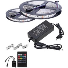 Powerr Led Aydınlatma 10 Metre 12V 120 Ledli Rgb Iç Mekan Şerit LED 8A Plastik Adaptör Sese ve Müziğe Duyarlı LED Kontrol Üniteli Set
