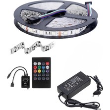 Powerr Led Aydınlatma 5 Metre 12V 120 Ledli Rgb Iç Mekan Şerit LED 5A Plastik Adaptör Sese ve Müziğe Duyarlı LED Kontrol Üniteli Set