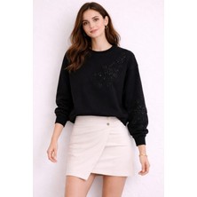 Gigi Giyim Çiçek Taş Işlemeli Üç Ip Kadın Sweatshirt