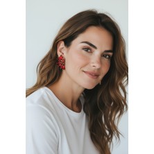 Alya's Aksesuar Altın Kaplama Kırmızı Taşlı Şık Çiçek Küpeler