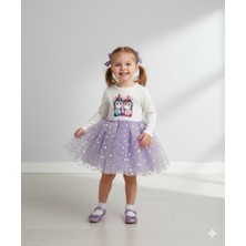 Dudese Kız Çocuk Unicorn Baskılı Kalpli Tütü Prenses Elbise - Lila