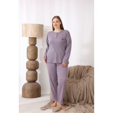 Eyfuze kadın Büyük Beden Desenli Yakası Düğmeli Uzun Kollu Kışlık Pijama Takımı