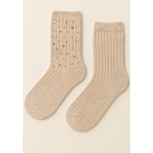 Kadın Taş Aksesuarlı Fitilli Yün Soket Çorap