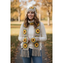 Örgü Ayçiçek Motifli Atkı & Eldiven & Bere Seti