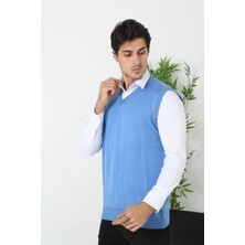 Velmora Fashion Erkek V Yaka Kolsuz Süveter Triko Kazak Yumuşak Dokulu Pamuklu Ince Dokuma Rahat Regular Kalıp - Mavi