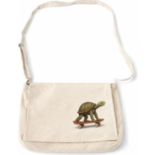 Middles & Niddles Collection Kaykaylı Kaplumbağa Baskılı Bez Postacı Çantası – Unisex Teenage Günlük Kanvas Çanta