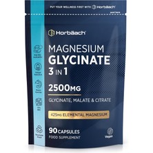 Horbaach Magnezyum Glycinate - 3’ü 1 Arada 90 Kapsül – Glycinate, Malate & Citrate, 2500 Mg  Magnezyum, Vegan