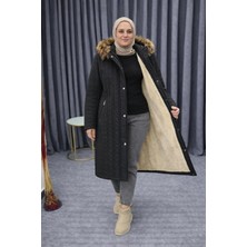 TUTveAL Collection Kadın Içi Kürklü Mont Uzun Kapitone Mont Kapüşonlu Büyük Beden Mont - SİYAH-48
