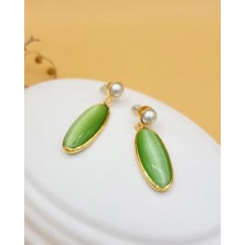 Nevoka Su Yeşili Kedi Gözü Sıvama Altın Kaplama Incili Uzun Damla Küpe