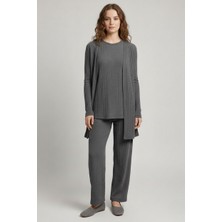 Hsc Bilişim Kadın Gri Ribanalı Üçlü Takım Uzun Hırka Bisiklet Yaka Bluz Lastikli Boru Paça Pantolon