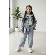 Miniğimin Cicileri Taş Detaylı Kız Çocuk Ceketli 2 Li Takım - Açık Mavi