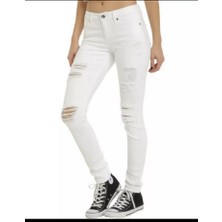 Yırtık Model Beyaz Kadın Kot Pantolon