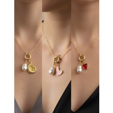 NKT Collection Kırmızı Kalp Pembe Kalp Deniz Kabuğu İncili Kolye
