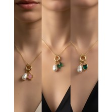 NKT Collection Zümrüt Yeşili Kalp Zümrüt Yeşili Kelebek Pembe Yonca İncili Kolye