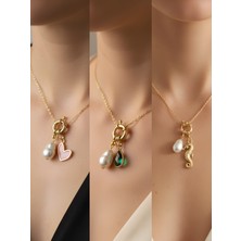 NKT Collection Deniz Atı Zümrüt Yeşili Damla Pembe Kalp İncili Kolye