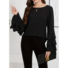 Livizmir Moda Kadın Uzun Kollu Bisiklet Yaka Kollar Ispanyol Volanlı Sandy Bluz