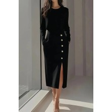 Livizmir Moda Kadın Uzun Kollu Bisiklet Yakalı Yandan Yırtmaçlı Düğmeli Midi Ithal Krep Elbise