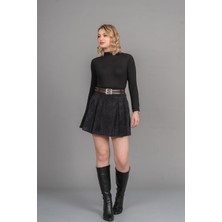 MissVina Fitilli Kadife Kemerli Mini Etek 6840