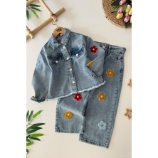 Miniğimin Cicileri Papatya Renkli Panç Detaylı Kız Çocuk Kot 2 Li Takım - Açık Mavi