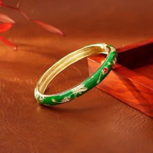 Sevas Gold Altın Renk Kadın Koyu Yeşil Mineli Çiçek Desenli Bilezik