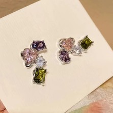 Sevas Gold Beyaz Renk Kadın Kalp ve Geometrik Renkli Taşlı Küpe