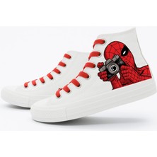 Lias Design Fotoğrafçı Örümcekli Baskılı Beyaz Keten Bağcıklı Çocuk Spor Ayakkabı Sneaker