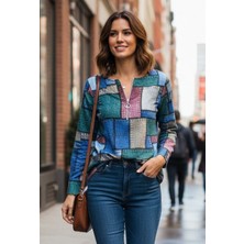 Wmpulse Kadın Uzun Kollu Yakadan Fermuarlı Kot Görünüm Desenli Uzun Modal Bluz