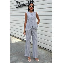 Wmpulse Çizgili Viscon Keten Yelekli Rahat Takım 10121