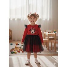 Kırmızı Tüllü Uzun Kollu Penye  Kız Çocuk Elbisesi