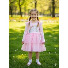 Pembe Unicorn Tüllü Uzun Kollu Penye  Kız Çocuk Elbisesi