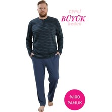 Seamlife Lacivert Erkek Büyük Beden Bisiklet Yaka 3 Düğmeli Mevsimlik Uzun Kol Pijama Takımı