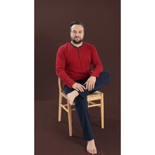 Seamlife Kırmızı Erkek Büyük Beden Bisiklet Yaka 3 Düğmeli Mevsimlik Uzun Kol Pijama Takımı