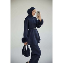 Molly Nelly Kadın Kolu Tüylü Skuba Pantolon Bluz Takım %93 Polyester Lacivert Renkli Rahat ve Şık