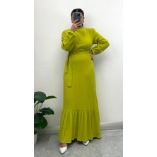 Nisum Moda Müslin Kumaş Kuşaklı Uzun Elbise