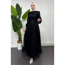 Tesettür Diyarı Aura Model Abiye Nişan Mezuniyet ve Özel Günleriniz Için Taş Işlemeli Abiye -Siyah