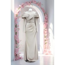 Amine Hüma Dila Abiye Elbise Bej