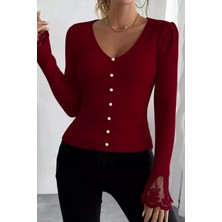 Gülseli Kol Güpür Detaylı V Yaka Triko Bluz P-00018358