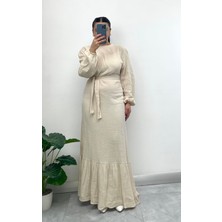 Nisum Moda Müslin Kumaş Kuşaklı Uzun Elbise