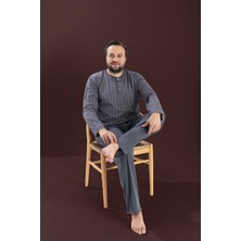 Seamlife Gri Erkek Büyük Beden Bisiklet Yaka 3 Düğmeli Mevsimlik Uzun Kol Pijama Takımı