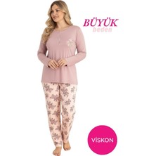 Bie's Pembe Kadın Büyük Beden Desenli Bisiklet Yaka 3 Düğmeli Mevsimlik Likra Viskon Uzun Kol Pijama Takımı