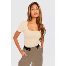 Rooted Kadın,bej Kısa Kollu Derin Havuz,yuvarlak Yaka Penye T-Shirt & Bluz