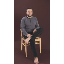 Seamlife Gri Erkek Büyük Beden Bisiklet Yaka 3 Düğmeli Mevsimlik Uzun Kol Pijama Takımı